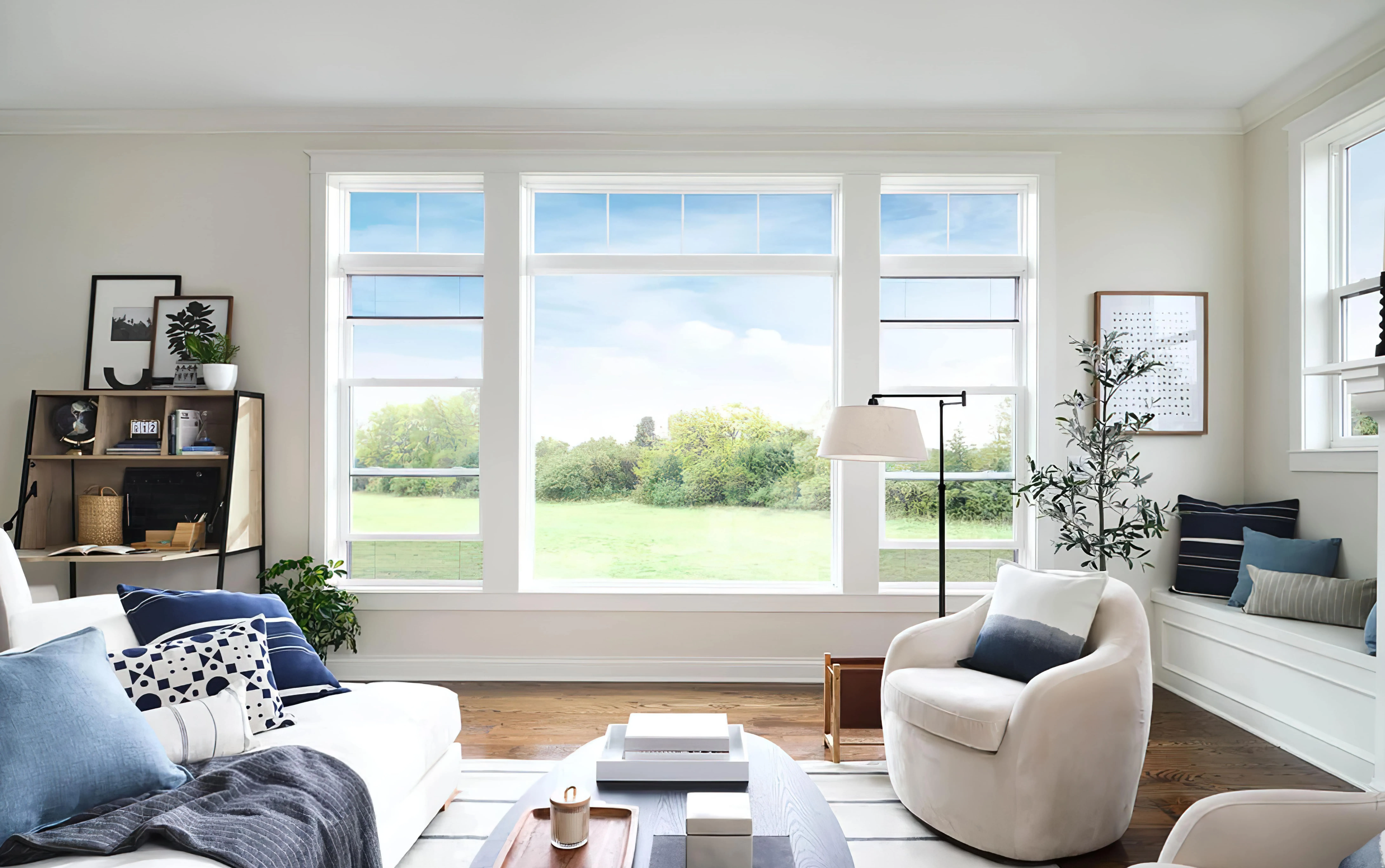 A pella window from the inside of a livingroom. Photo credit Pella Windows.